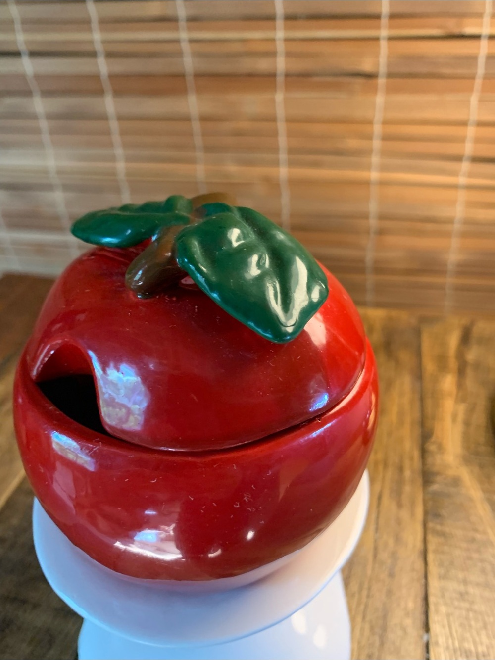Vintage Red Apple Ceramic Sugar Bowl with Green Leaf Lid